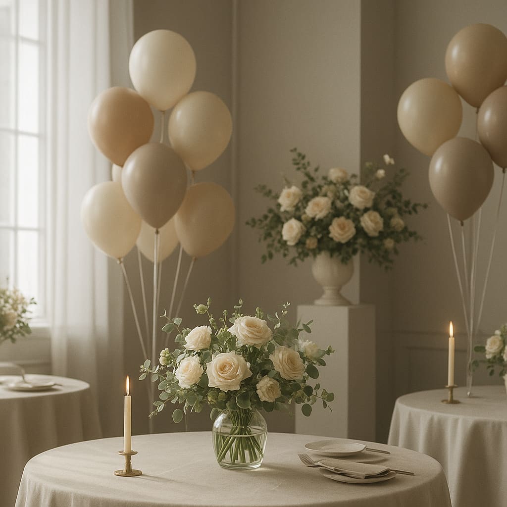 Stilvoll dekorierte Eventlocation mit Ballons und floralen Arrangements