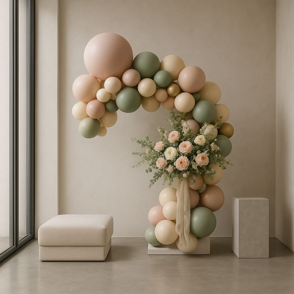 Detailaufnahme einer stilvollen Ballon- und Floristikdekoration in einer Eventlocation